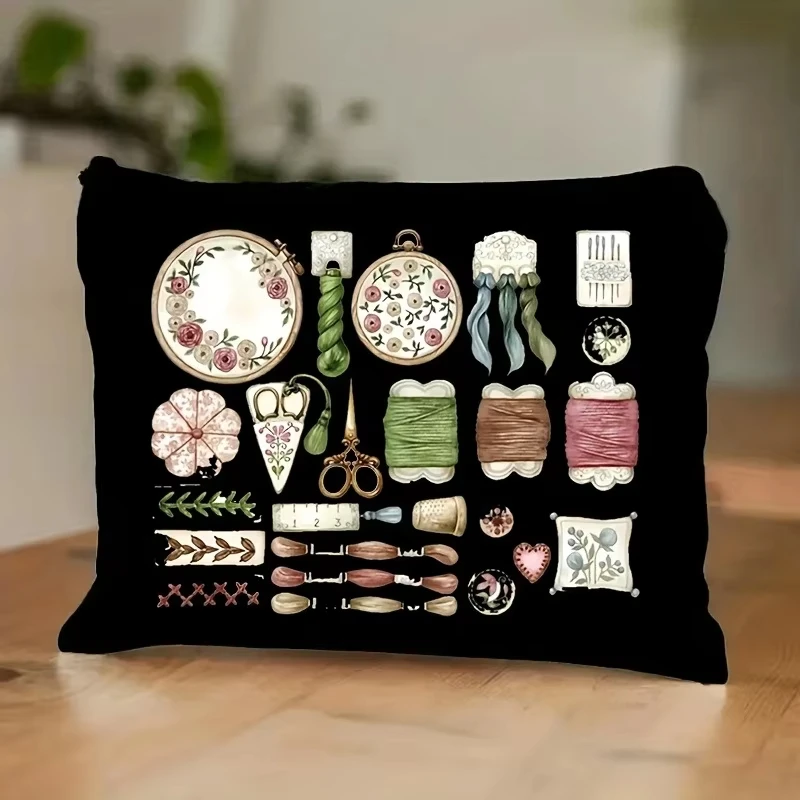 Vintage Sewing Machine & Floral Makeup Bag Sewing-Themed Storage Organizer Large Capacity Cosmetic Case Lightweight Travel Bag