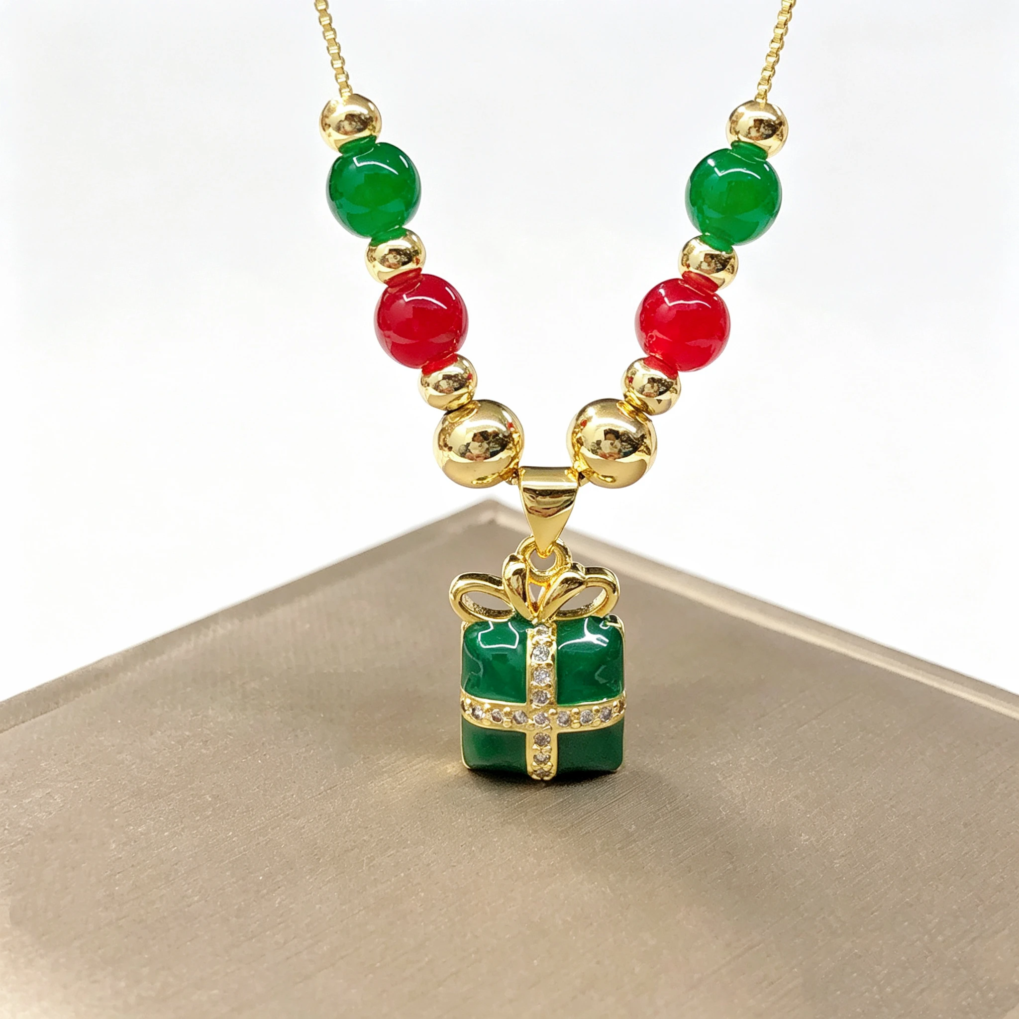 Hot Sale Christmas Beaded Enamel Xmas Tree Bell Stocking Reindeer Zircon Necklace for Women Party Neck Christmas Jewelry  Gift