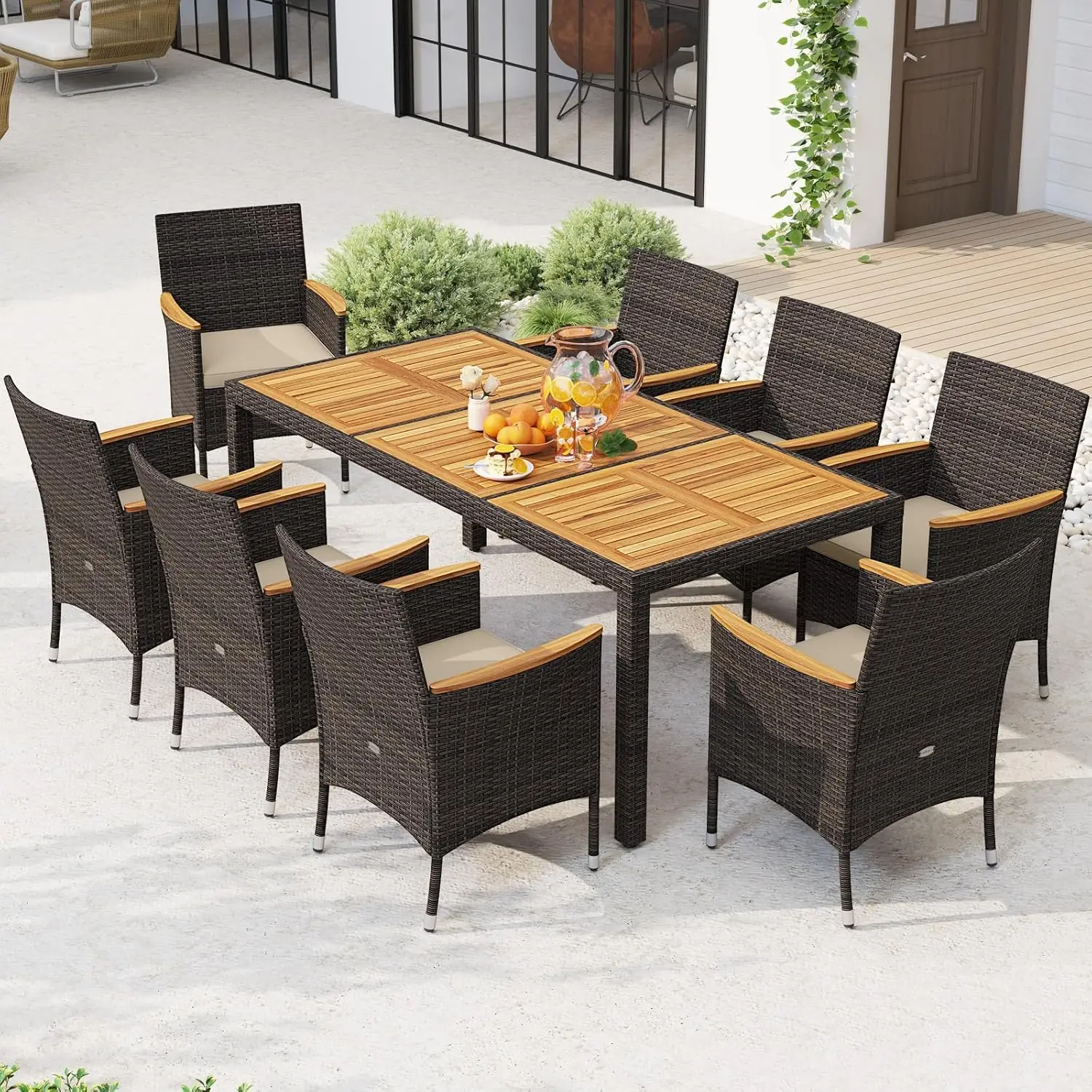 9-Piece Rattan Dining Set, Acacia Wood Table with Cushioned Wicker Chairs & Umbrella Hole, Patio Furniture for 8,Customized