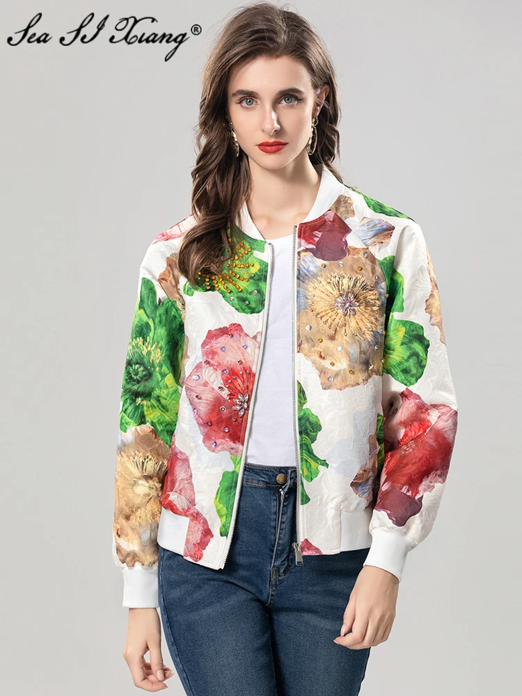 

Seasixiang crystal Diamonds Coat Women's O-Neck Long Sleeves Floral Print High Street Jacket Fashion Designer Autumn