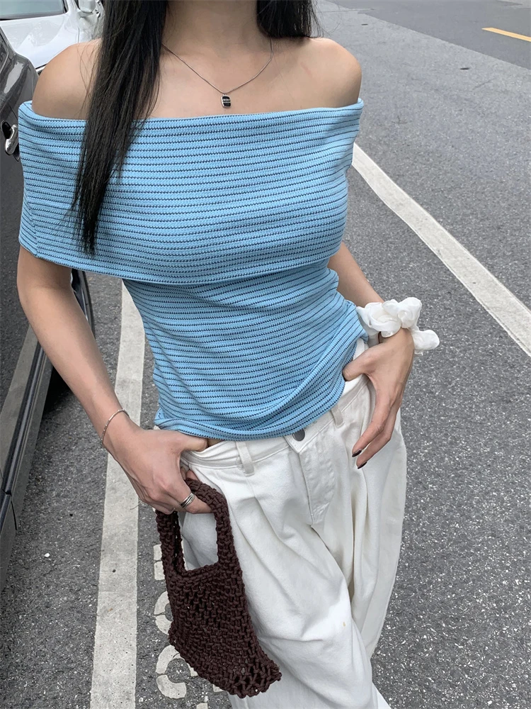 Summer Fashion Stripe Knit T-shirt Women Sexy Off Shoulder Short Sleeve Slim Top Korean Style Casual T-shirts