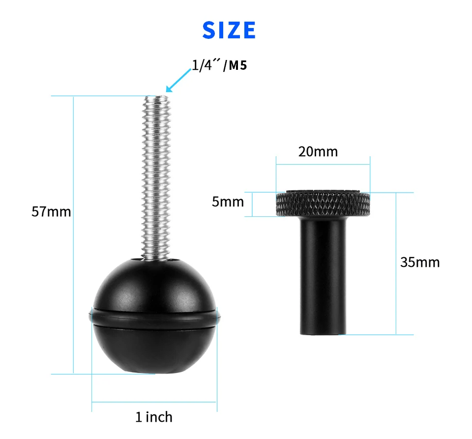 1'' Zoll Kugeladapter mit 1/4''-20 Schraube Kugelkopfhalterung für Unterwassertabletthalterung Erweitertes Taschenlampen-Lichtarmsystem – Detail 5