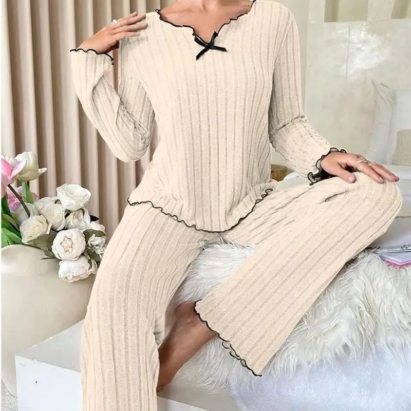 Bow Detail Womens Pajama Set, Ribbed Knit Loungewear with Black Trim & Textured Fabric, Casual 2 Piece Sleepwear for Fall Winter