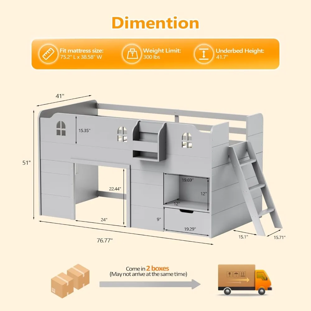 سرير علوي مزدوج الحجم مع إضاءة LED، وسرير علوي منخفض لدرج التخزين، ونمط المزرعة الحديثة مع درابزين ونافذة