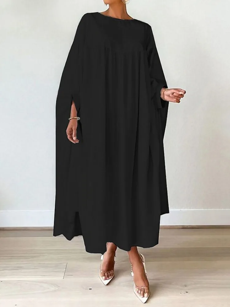 Freeacy Women\'s Solid Color Loose Wrap Dress Round Neck Batwing Sleeves Split-joint Pleated Maxi Dress Elegant Party Dresses