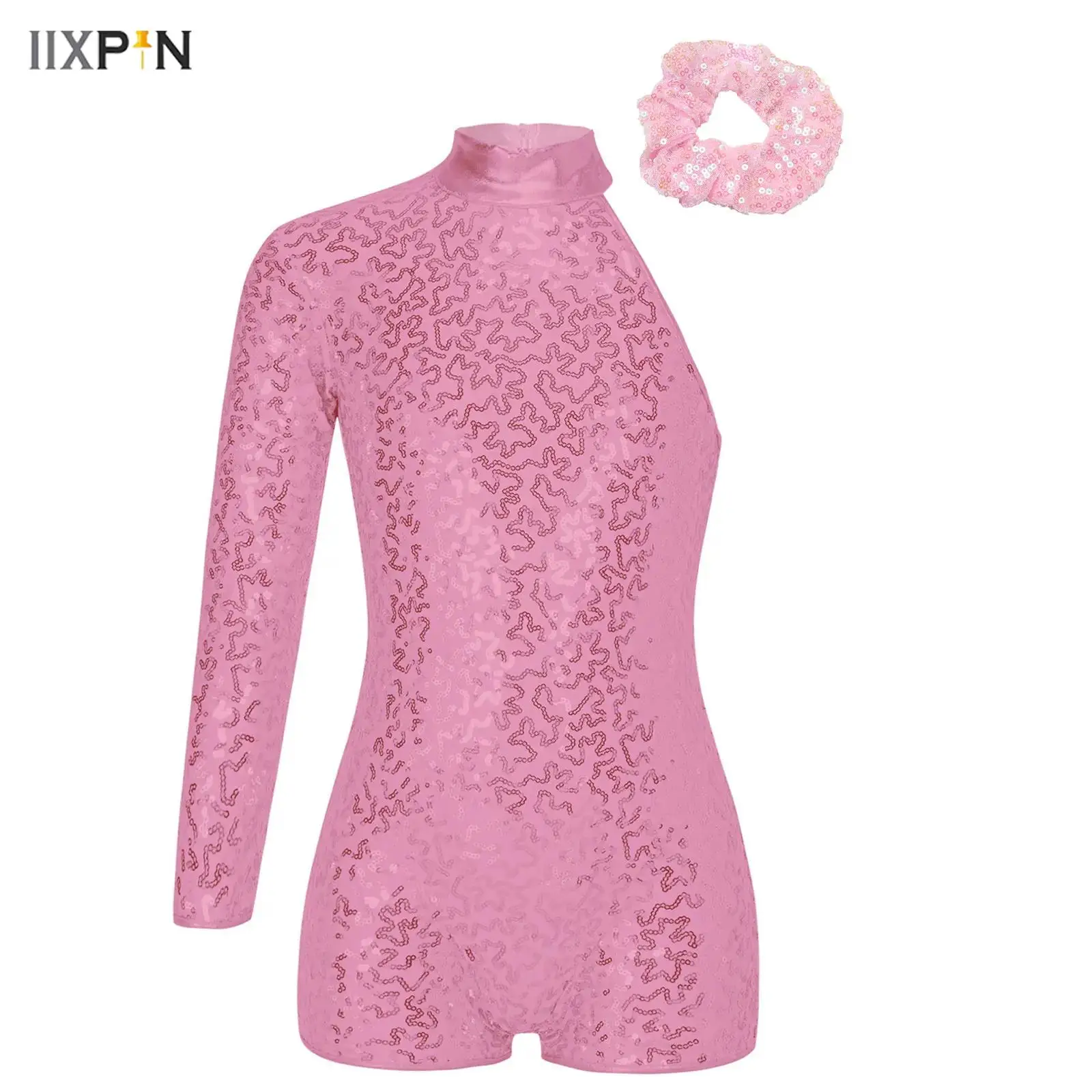 

Kids Girls Jazz Ballet Dance Jumpsuit Asymmetric One Shoulder Long Sleeve Shiny Sequins Dance Leotard+Hair Band Outfit Dancewear