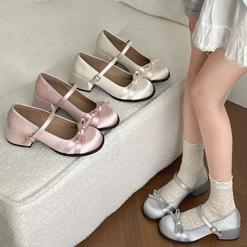 الحرير كتلة كعب أحذية واحدة الخريف جديد جولة تو الفم الضحلة القوس حزام هريرة كعب الأحذية #2