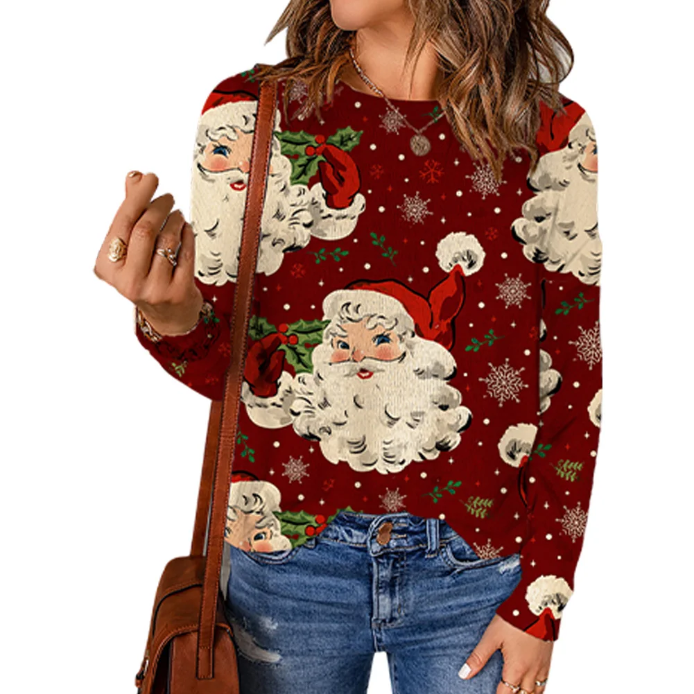 Womens New Christmas Sweater Autumn Winter Fashion Cute Print Crew Neck Sweater