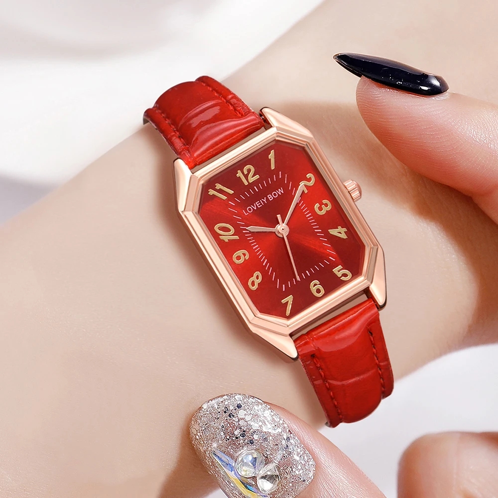 Red Ladies Watch 6PCS/Set Rectangular Dial Quartz Wristwatch PU Leather Strap Watch Butterfly Element Jewelry Set Gift For Girls