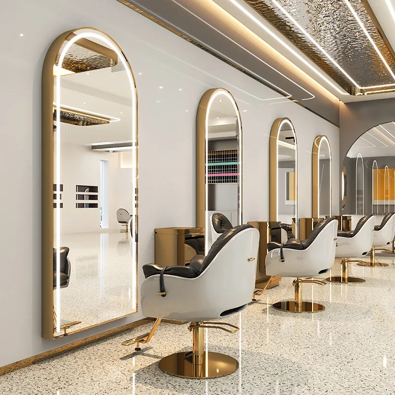 Luxury salon furniture led light gold frame double sided barber station modern hair salon mirrors designs