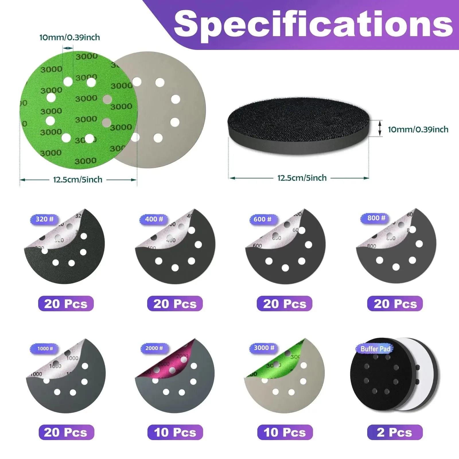 5 Inch 8 Holes Wet Dry Sandpaper Kit with Interface Pads 320-3000 Assorted Grits Sanding Pads Assortment for Car Wood Metal