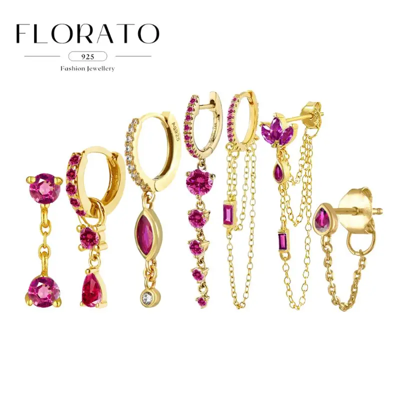 WOMEN 925 Silver Needle Rose Red Geometric Zircon Hoop Earrings Crystal Water Drop Chain Perforated Earrings Fashion Jewelry
