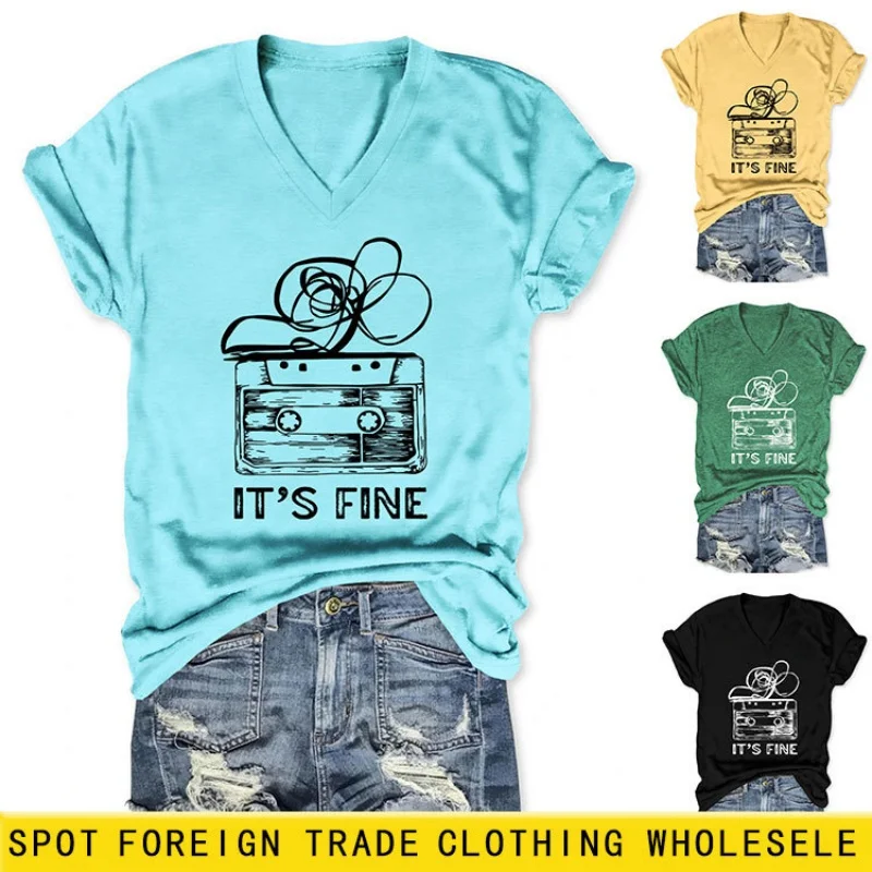 

Новая летняя модная женская футболка с короткими рукавами, повседневная, с принтом, в корейском стиле, с V-образным вырезом.