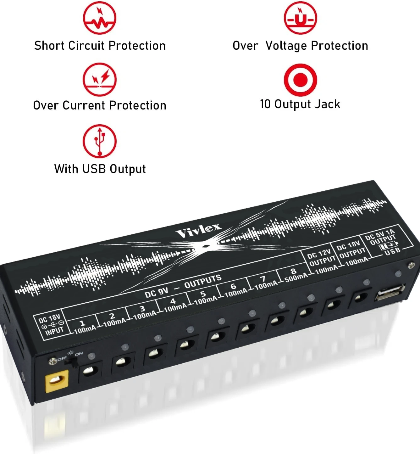 VIV Guitar Effects Pedal Power Supply 10 Isolated Source DC Output 5V 9V 12V 18V PedalBoard Effector Power 1USB Charging Phone