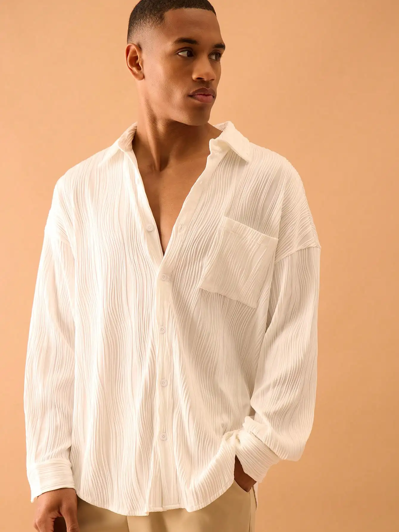 

Men's White Pleated Long Sleeve Button-Down Shirt Casual Spring Summer