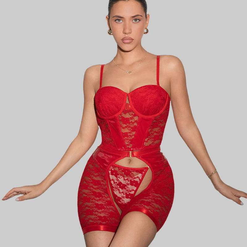 

Tornova Sexy 3 Pieces Set Lingerie Set for Women Solid Color Mesh See-through Sexy Hollow Out Backless Women's Underwear Suit