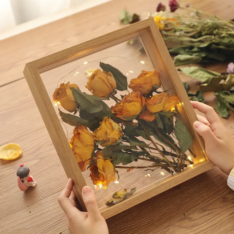 Dual-Sided Transparent Flower Frame Handmade Rose Flower Shadow Box for 3D Hollow Decorative Table Display Picture Frames