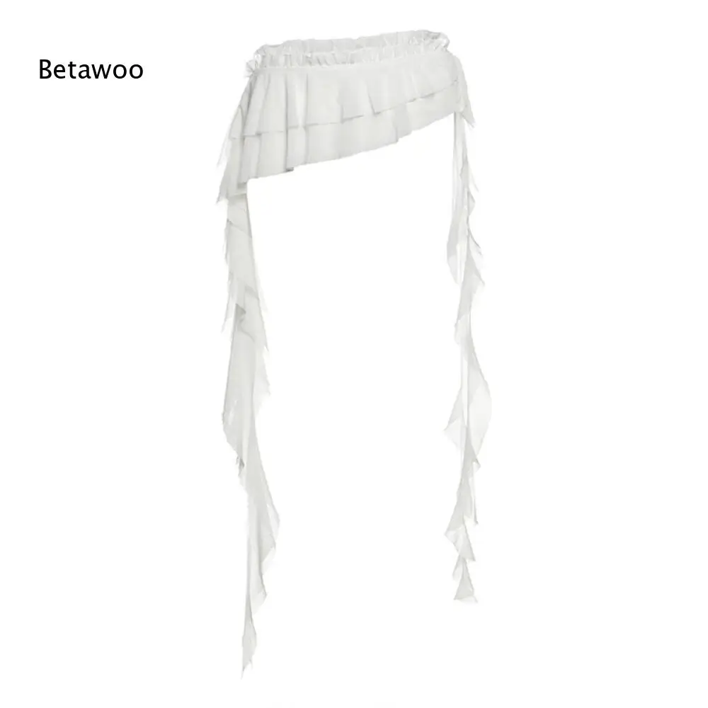 Double Side Long Cascading Chiffon Fringe Strap Skirt Tier Ruffle Elastic High Waist Irregular Wrap Mini Bottom