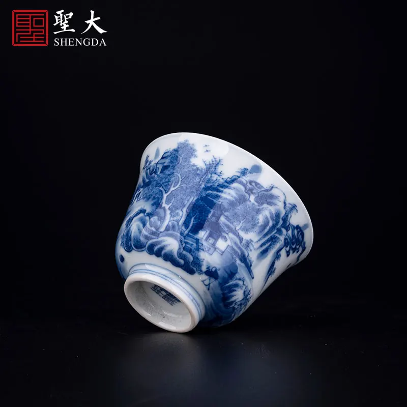 

|kiln blue and white firewood kiln Qianlong landscape bell cup handmade Jingdezhen tea set tea cup Kung Fu tea cup