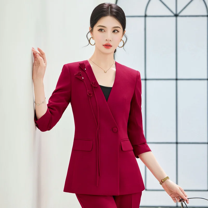 Elegant red suit for women, new spring and autumn model, suitable for annual meetings, hostess professional attire, formal occas