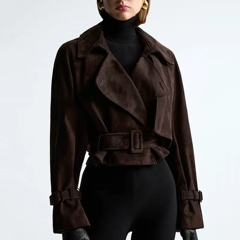 Notched Lapel Turn Down Collar Slim Fit Top Short Length Streetwear with Regular Sleeve Patchwork Workwear Women Autumn Jacket