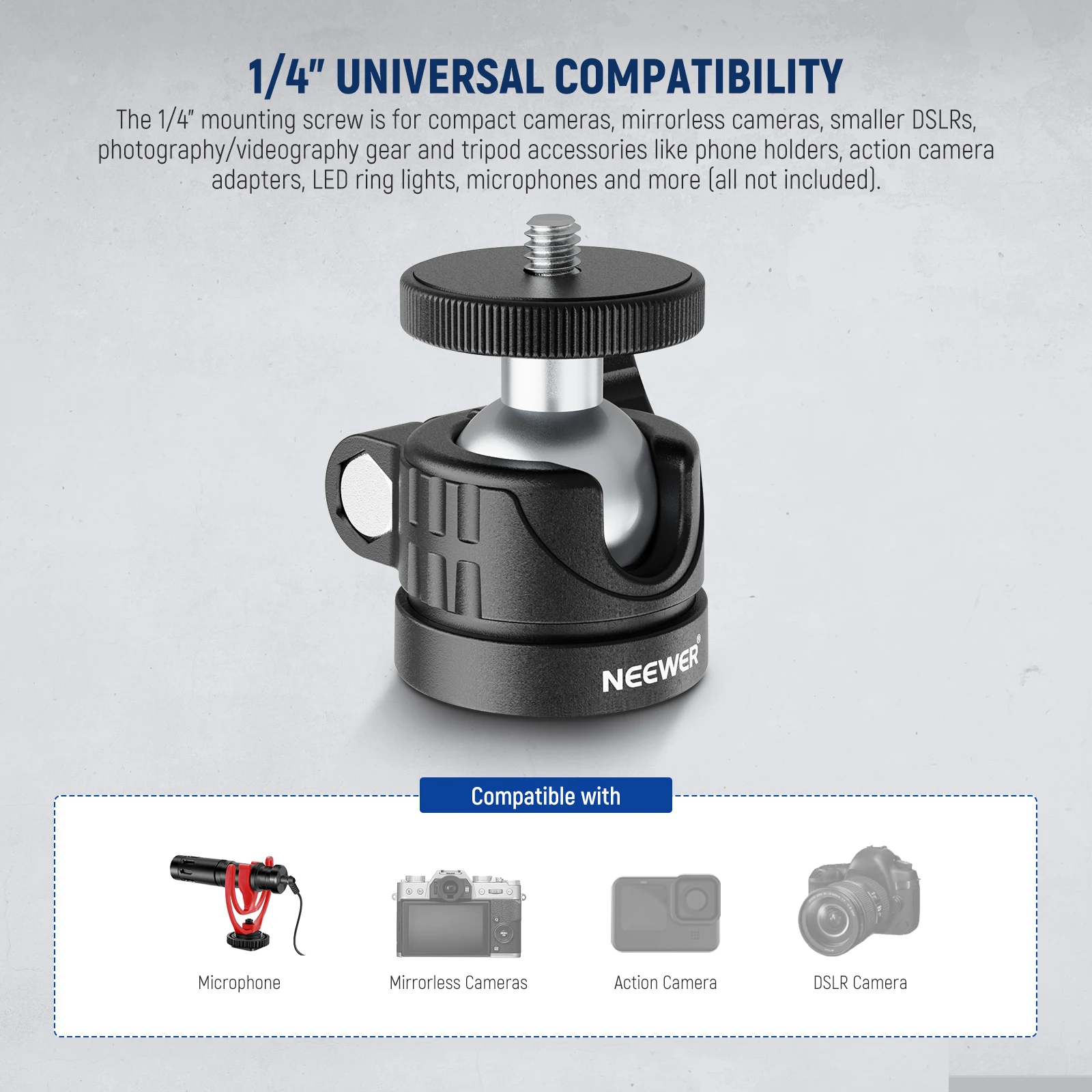 NEEWER Mini Ball Head, Portable Tripod Head Camera Mount Adapter for DSLR Action Cam Phone LED Ring Light Monopod Slider