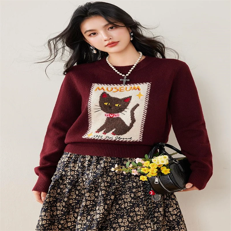 Otoño Invierno moda Slim grueso cálido suéteres con cuello redondo ropa de mujer Vintage dibujos animados Jacquard lana suave jerseys de punto rojo