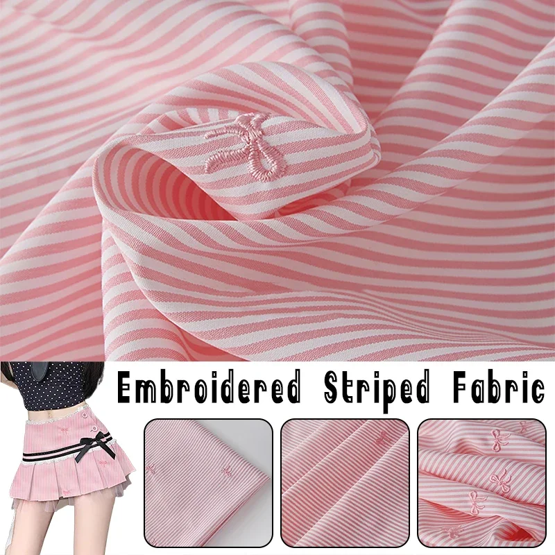 Vestido camisero de tela a rayas con bordado de lazo, ropa para niños, tela de costura artesanal, anillo para el pelo del intestino grueso, tela hecha a mano de 1x1,45 m