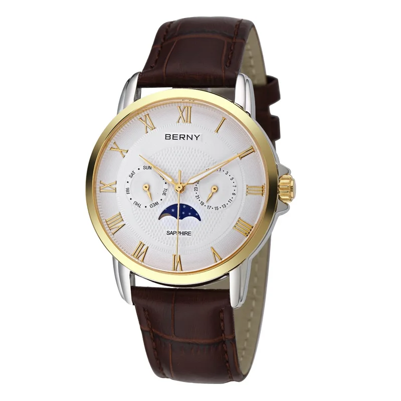 BERNY Watches for Men Moon Phase Quartz Men's Watch Calendar Date Week Business Dress Wristwatch Sapphire Waterproof Stainless