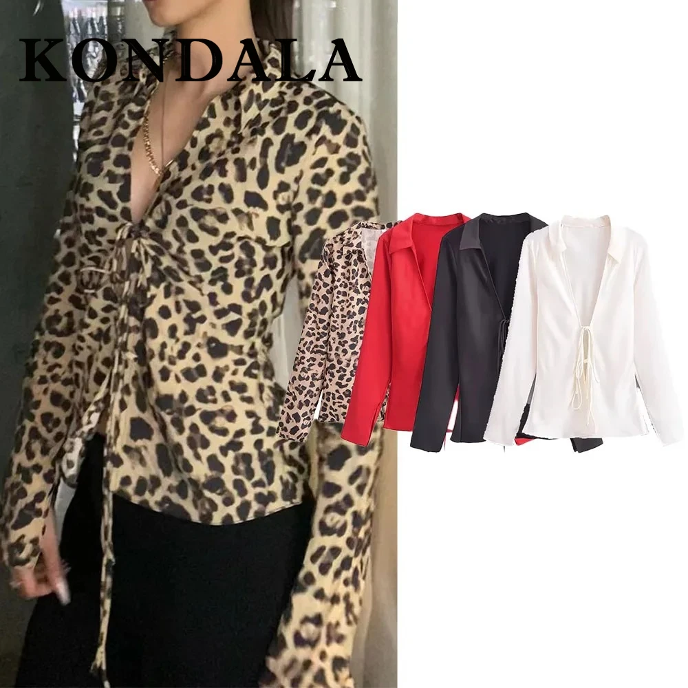 

KONDALA Vintage Chic Autumn Woman Shirt Elegant Leopard Straight Blouse Fashion 2025 V-Neck Long Sleeve Female Casual Sexy Shirt