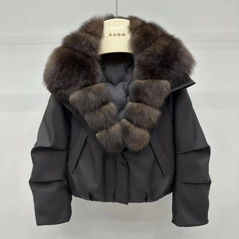 New Fox Fur Collar Suit Collar Fur Coat Women Winter White Duck Down Motorcycle Style Overcoming Down Jacket Women's Clothing
