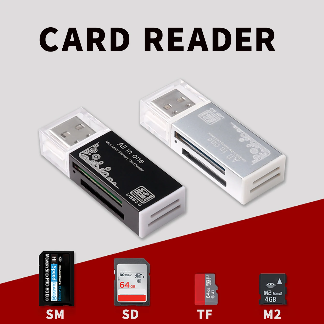 Memory Card Reader,SD Card Reader,TF Card Reader,MS Card Reader,M2 Card Reader,4-in-1 SD Card Reader to USB Adapter,Memory Card