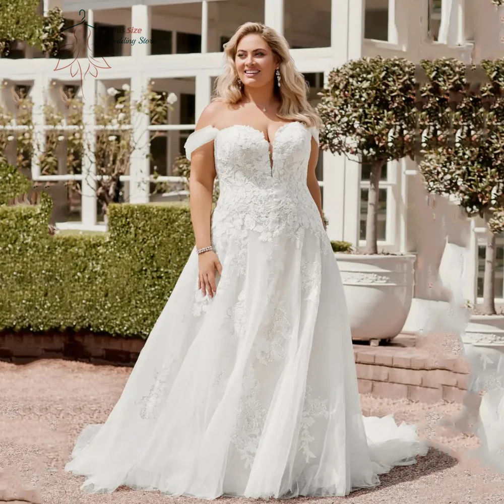 

Classic Off Shoulder Wedding Dresses Plus Size Sweetheart Neck Bride Gowns Appliques Floor Length Tulle A-Line Robe De Mariee