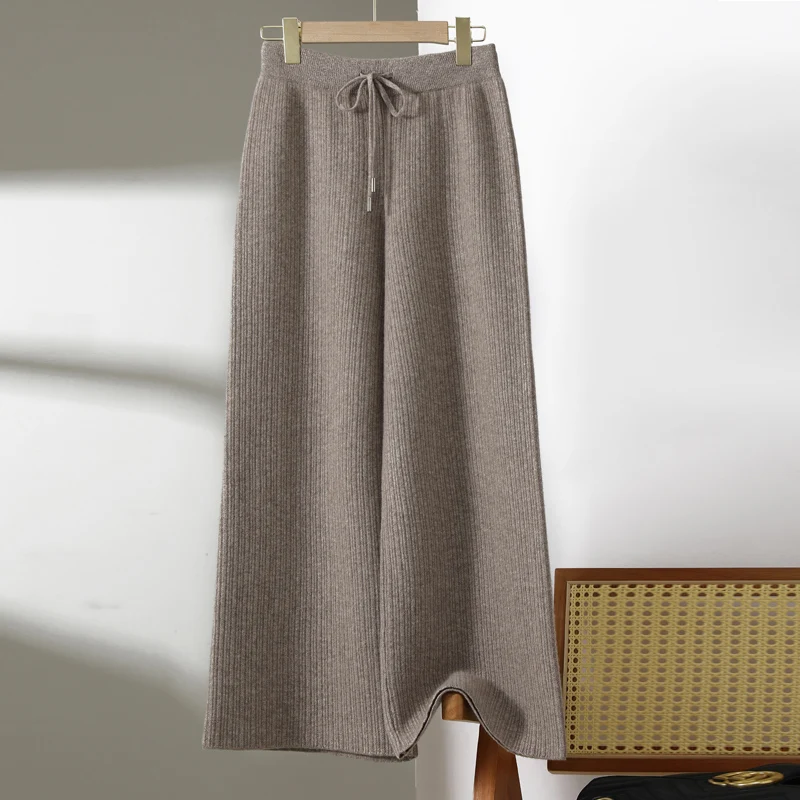 Pure cashmere autumn and winter pure wool thickened vertical stripe jacquard wide leg straight tube pants