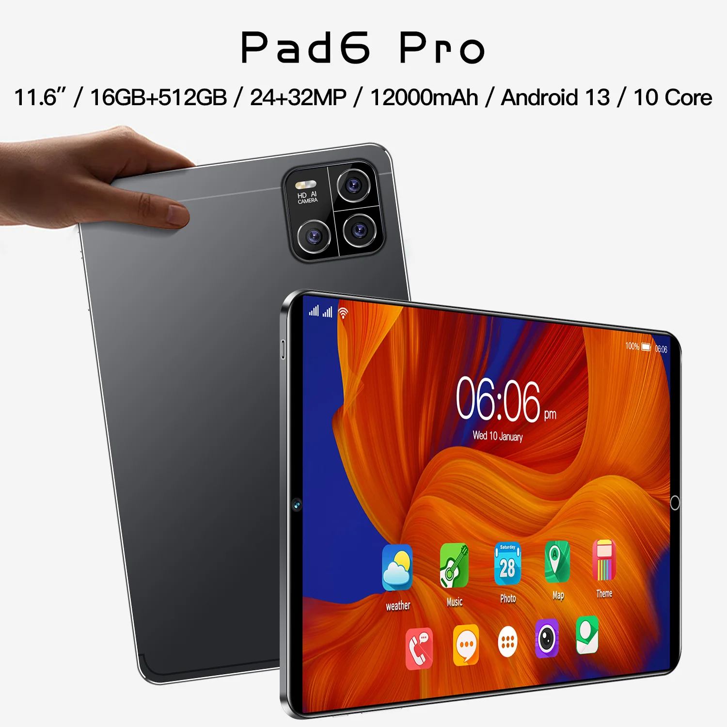 

2024 Original 11.6Inch 4K Pad 6Pro Tablet Snapdragon888 16GB+1TB Android13.0 Tablets PC 5G Dual SIM Card or WIFI Mi