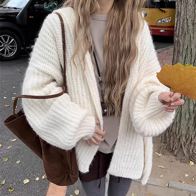 

Массивный вязаный кардиган с открытым передом и капюшоном для женщин, удобный длинный свитер, пальто с капюшоном, женский повседневный шикарный осенне-зимний наряд