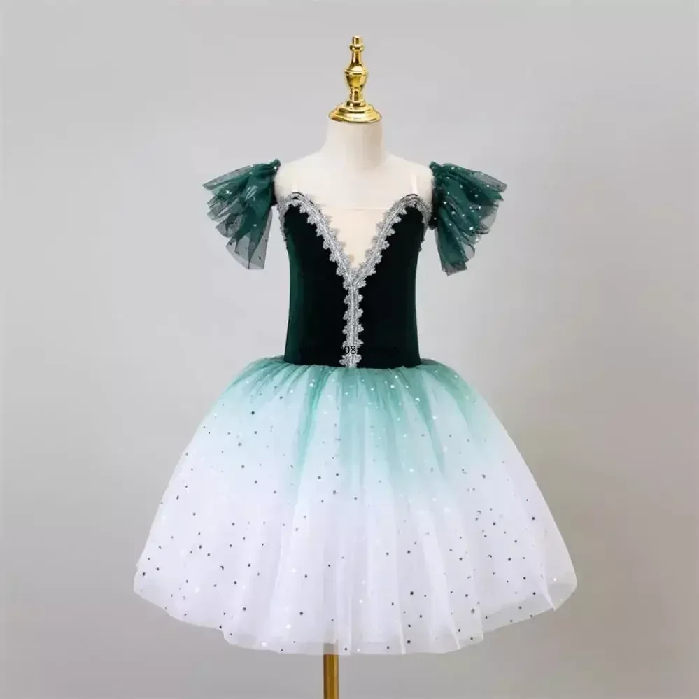 Faldas de Ballet verdes para niñas, tutú largo de tul romántico, vestido de fiesta de bailarina, disfraz de baile de Ballet para niños