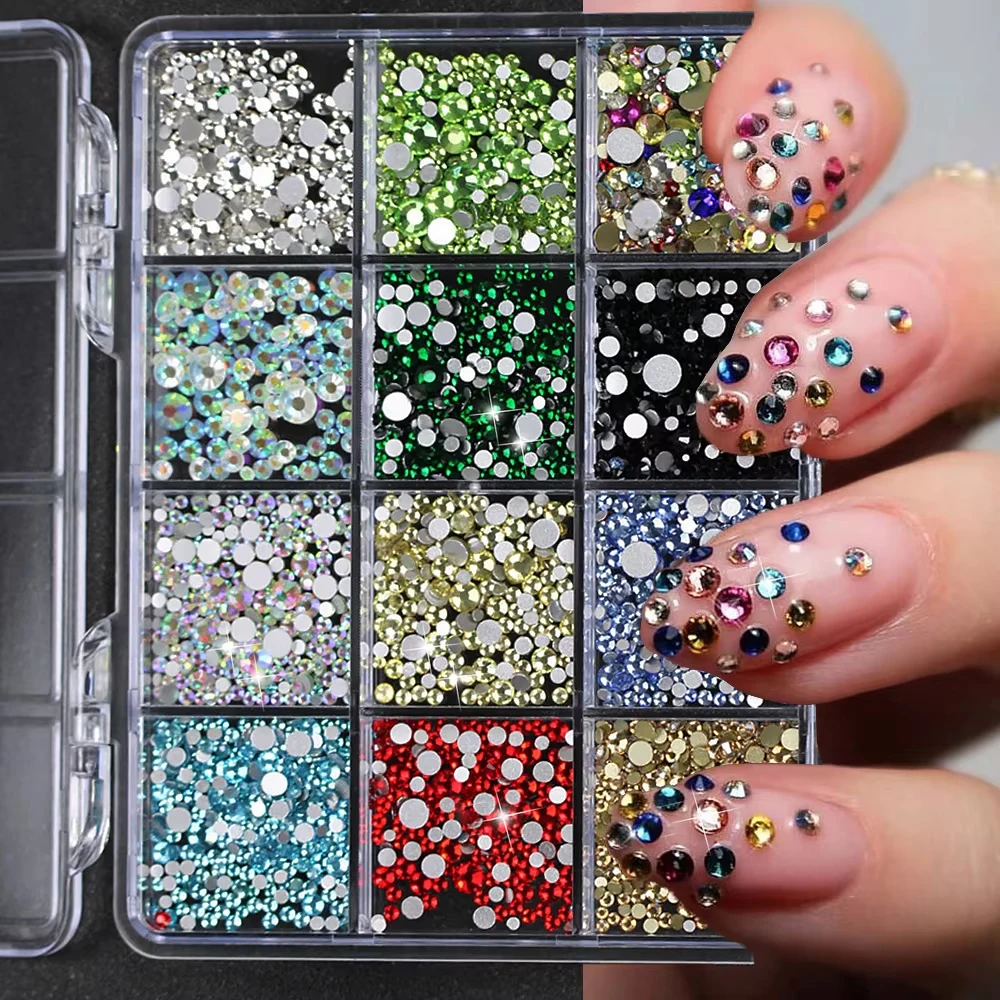 

Набор из 12 контейнеров/1 коробка: Сверкающие разноцветные стразы для ногтей, 1-5 мм, смешанные мини-кристаллы AB/красные, плоские камни, универсальный декор