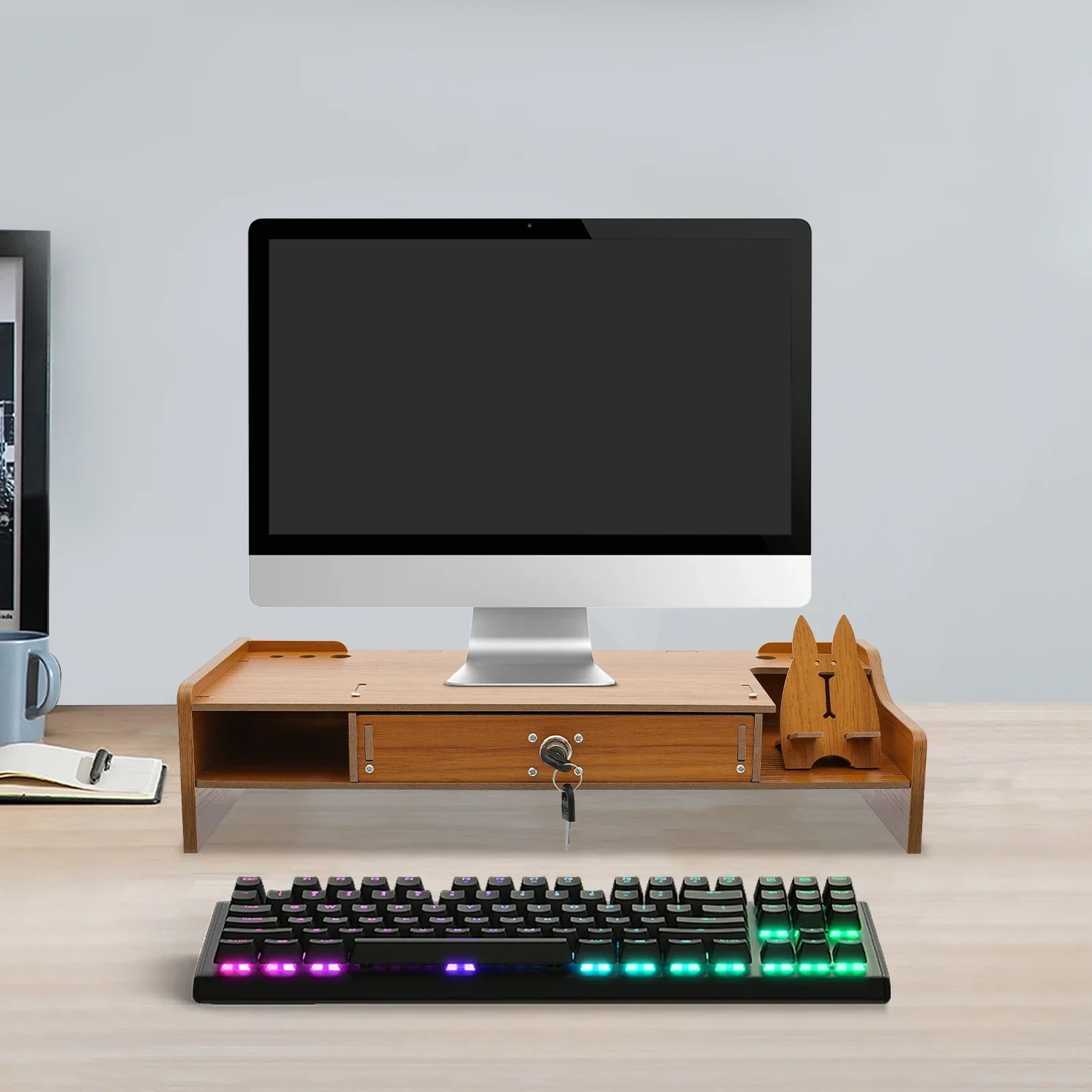 강화된 측면 패널이 있는 컴퓨터 모니터 스탠드 나무 데스크탑 라이저 홀더 캐비닛이 있는 다기능 노트북 데스크 홀더