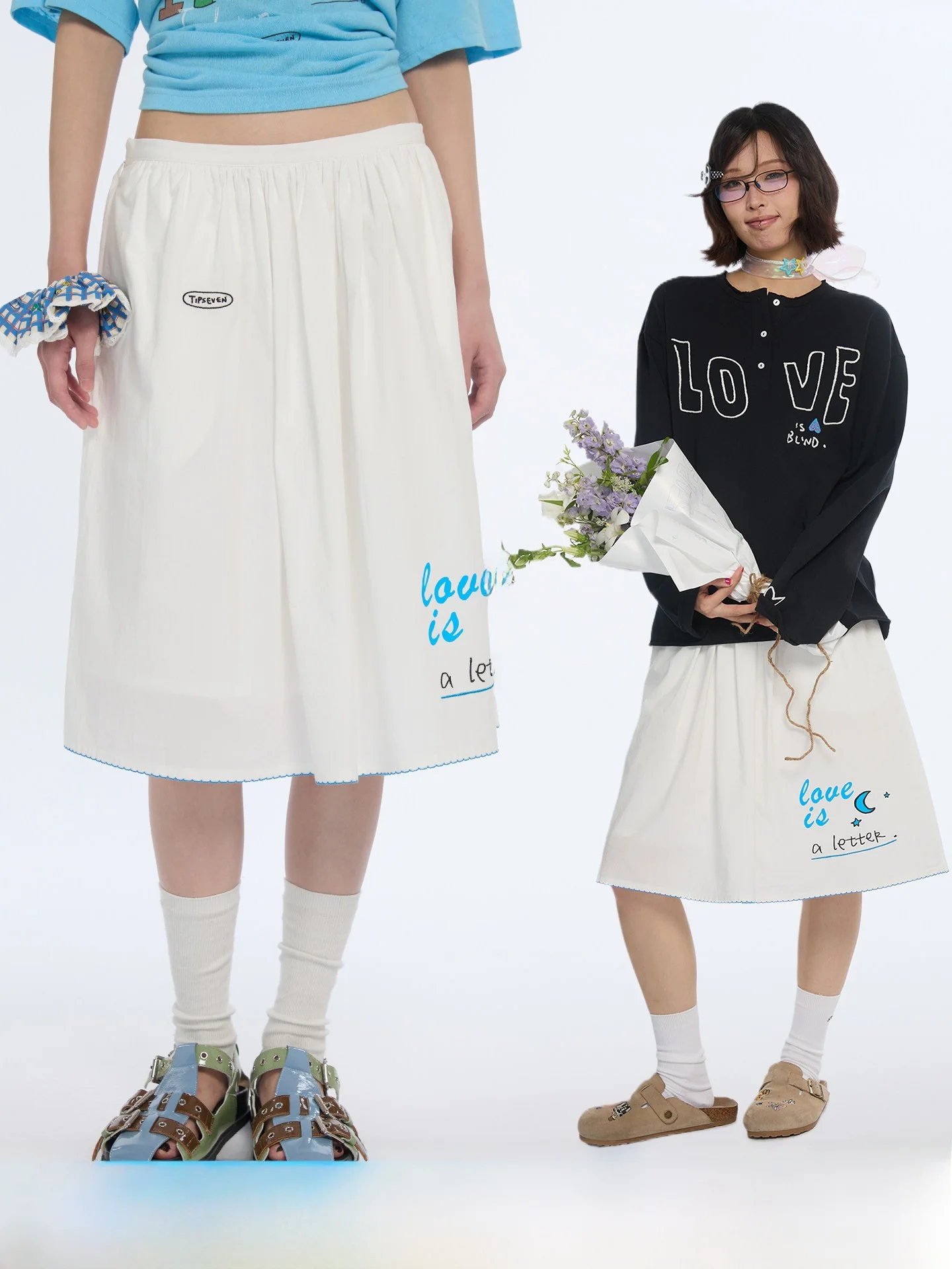 TIPSEVEN Star Moon Letter Summer Embroidered Loose A-Line White Midi Skirt Versatile Women's Half Skirt Elastic Waist Cotton ...