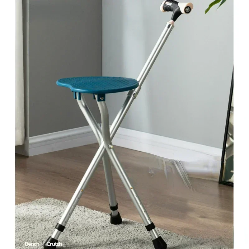 LED Light Elderly Crutch Chair Four-Legged Multi-Functional Non-Slip Stool Included Foldable Walking Stick with Seat