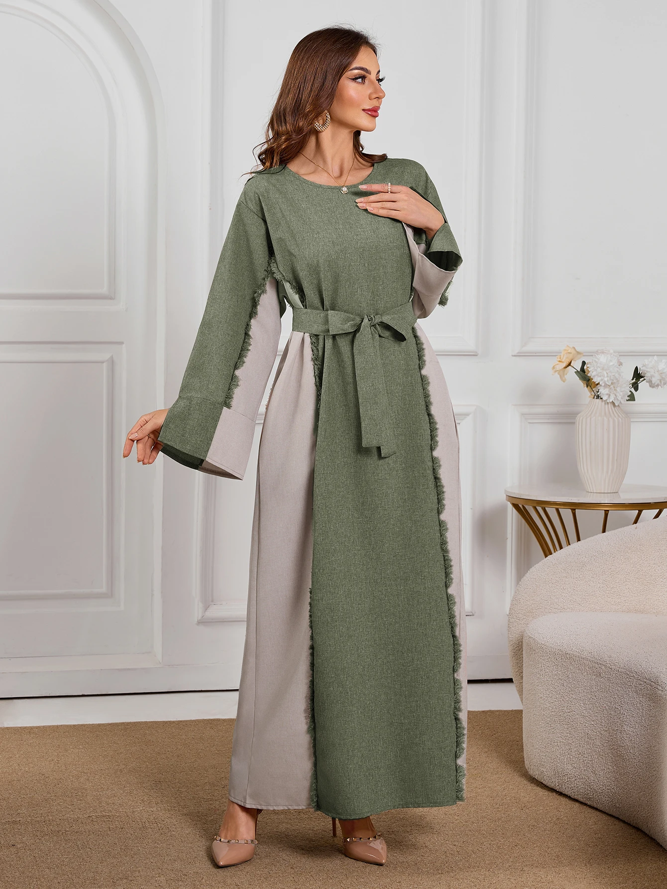 

2025 New Muslim Abaya Green & Grey Patchwork Belted Side Pockets Long Dress Elegant Modest Islam Clothing for Women Dubai Style