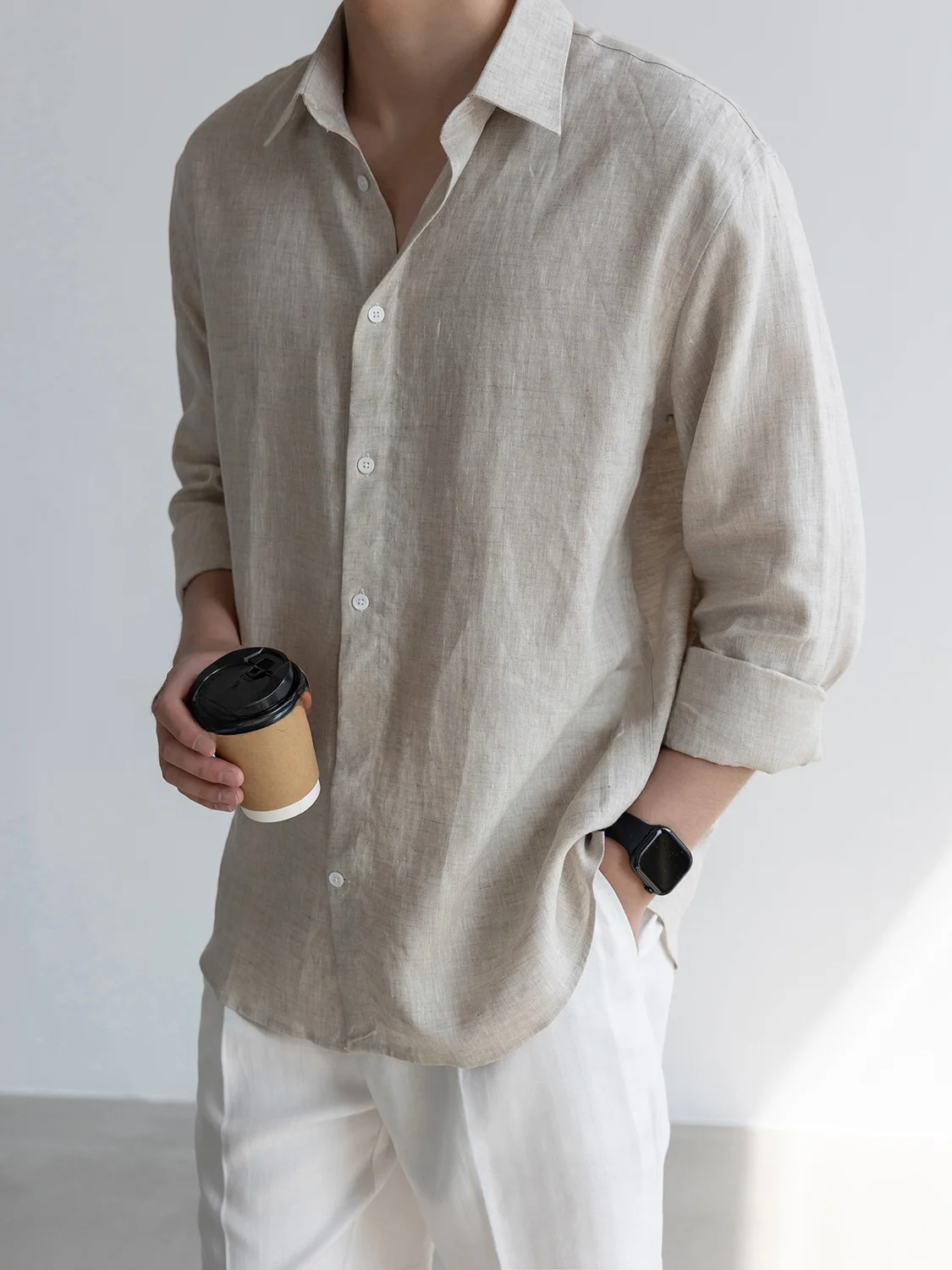 

Linen Long Sleeve Shirt for Men Casual Travel Business Breathable Lightweight Standard Fit Button up Pure Color
