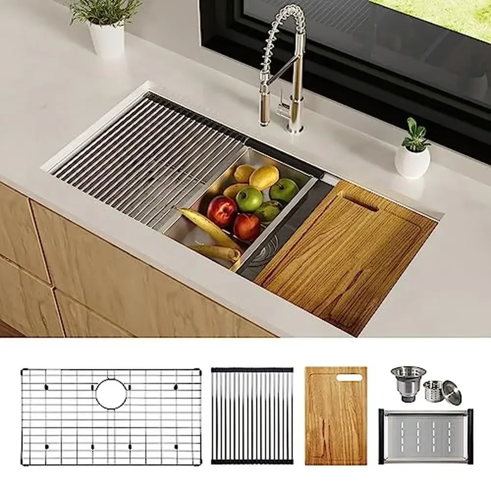 Lavello da cucina sottopiano da 36 pollici, vasca singola in acciaio inossidabile, sporgenza integrata e accessori inclusi, profondità, grande capacità, silenzioso