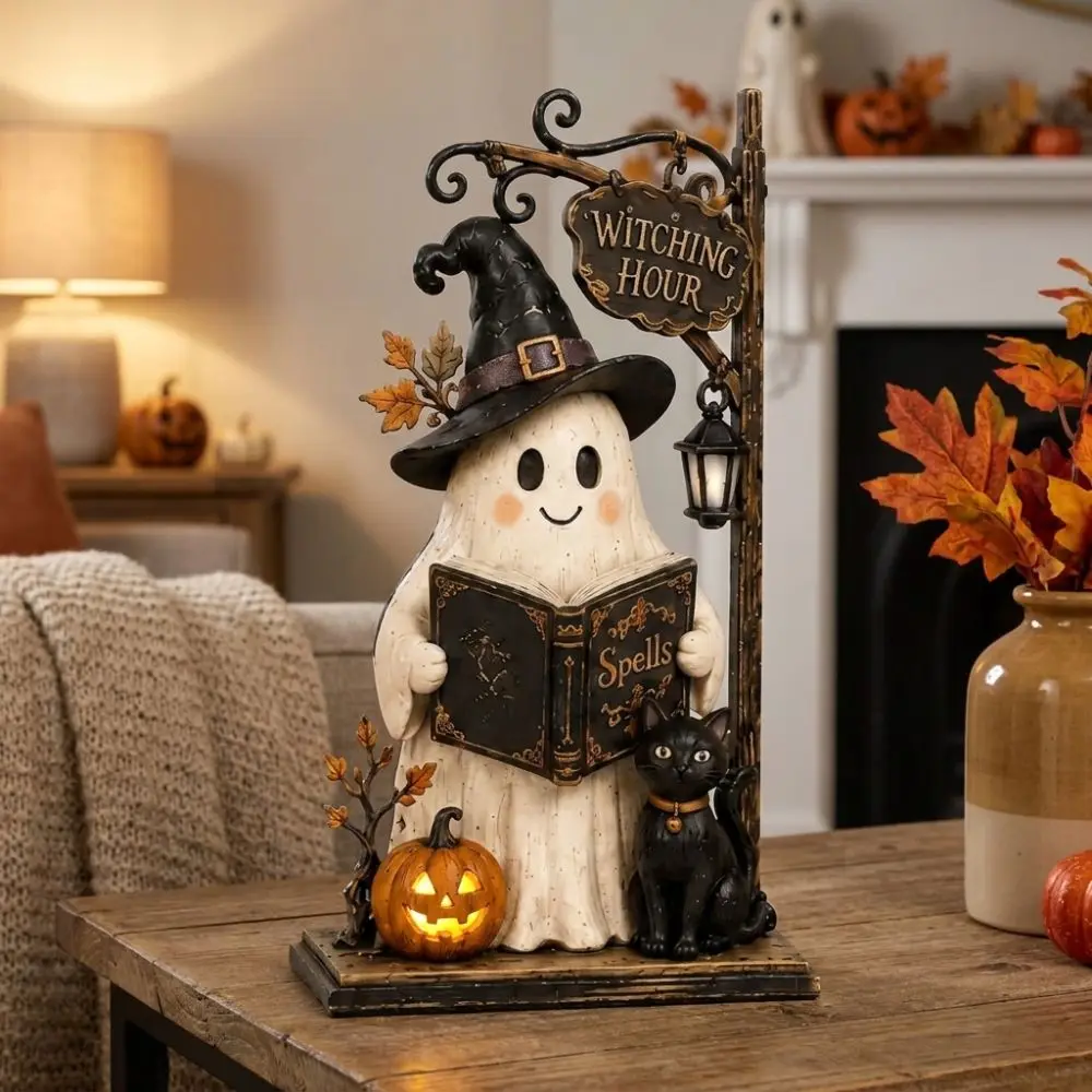 2D Flat Halloween Pumpkin Ghost Figurine Vintage Witch Hat Halloween Wooden Sign Spooky Fall Craft Stacked Pumpkin Cart Ornament