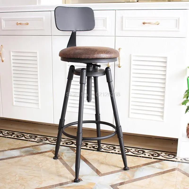 Bar Chair Retro American Country Style Swivel Stool Iron Art Wood/Soft Cushion Seat High Footstool Rotatable Liftable Bar Chair