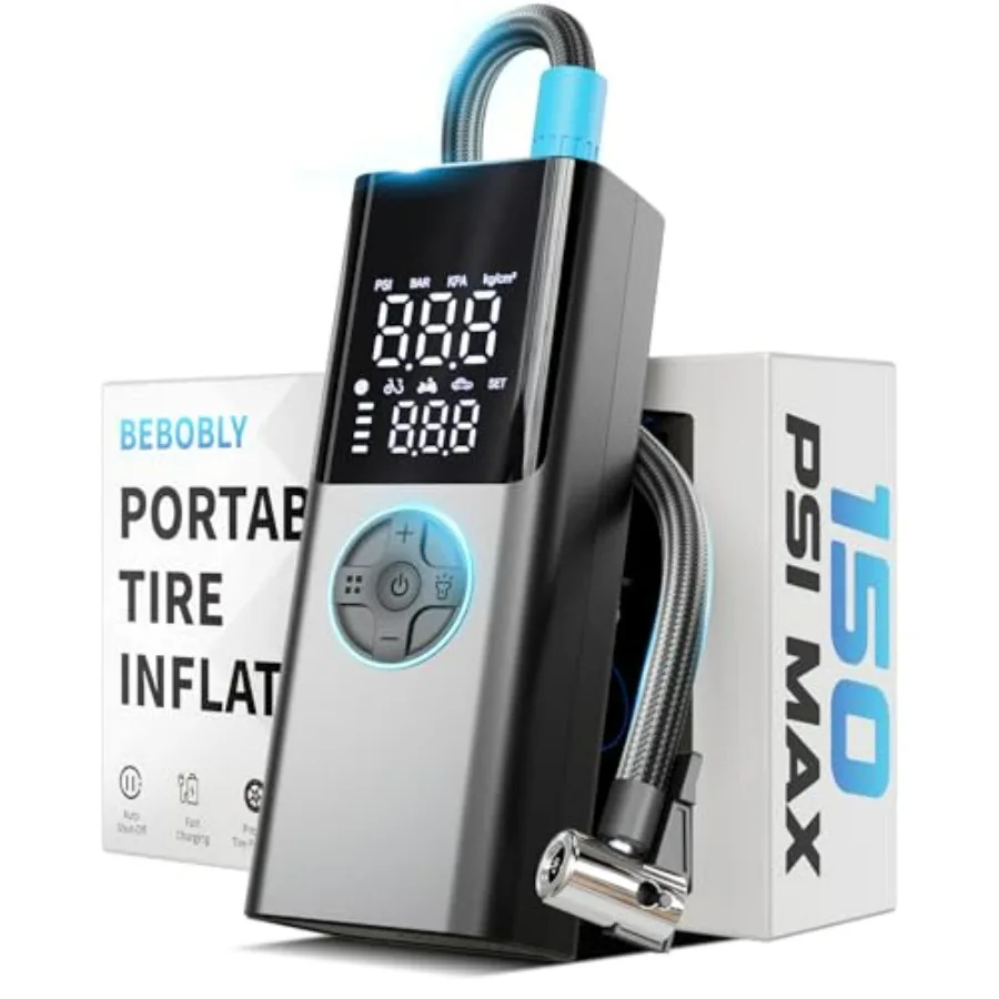 

Портативный воздушный компрессор для накачивания шин - 4X Faster и 150PSI шинный насос для автомобиля, мотоцикла, велосипеда, шарикового автоматического отключения и быстрой зарядки Power Bank