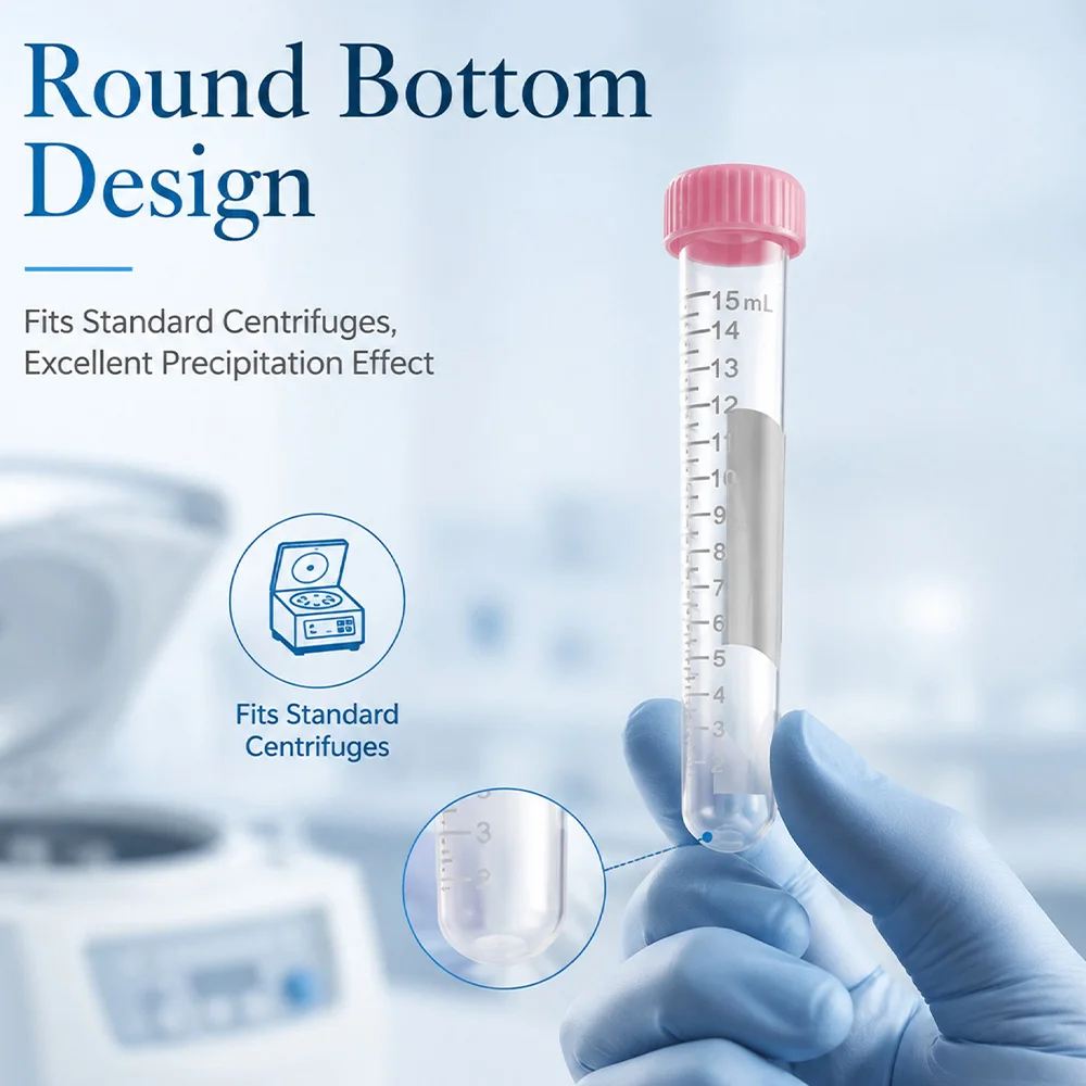 15ml Screw-Cap Round-Bottom Centrifuge Tube with Graduated Writing Area, Plastic Test Tube for Laboratory Specimen Collection and Dispensing, 50 Pieces/Pack