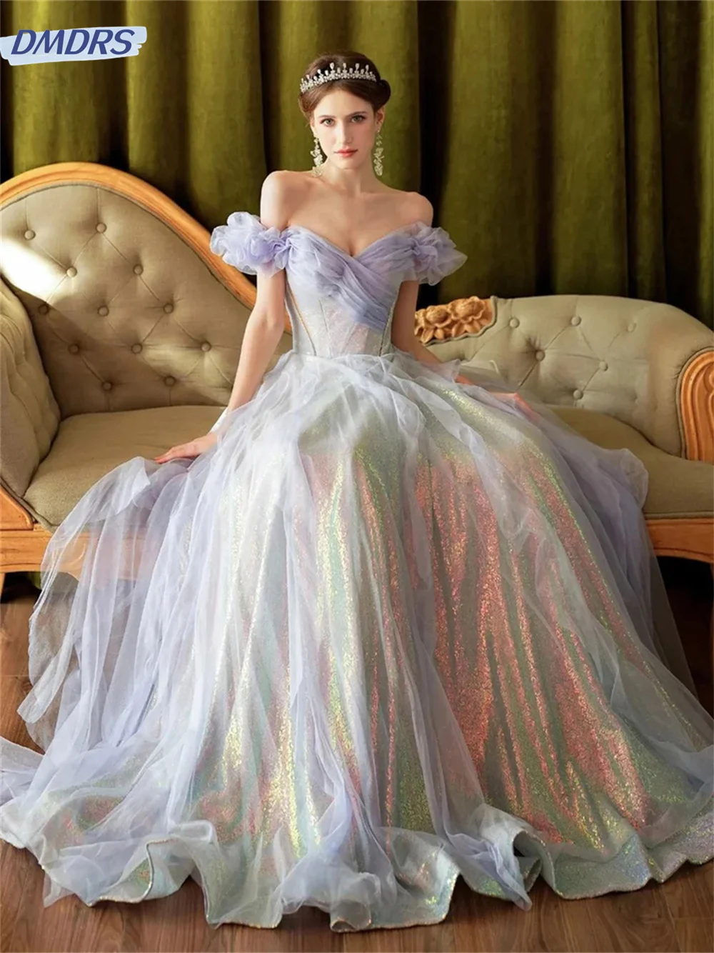 

Elegant Off-The-Shoulder Dress 2024 Classic Tulle Sleeveless Evening Dress Glamorous A-Line Floor-length Gowns Vestidos De Novia