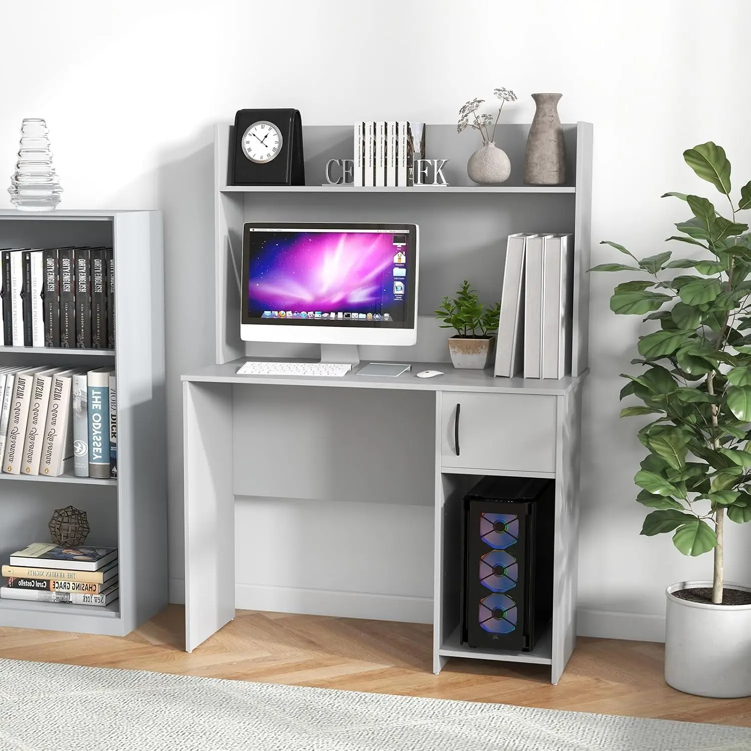 Computer Desk with Hutch & Storage Cabinet, Adjustable Shelf, 2 Cable Holes, Laptop Workstation for Office Bedroom, Customized